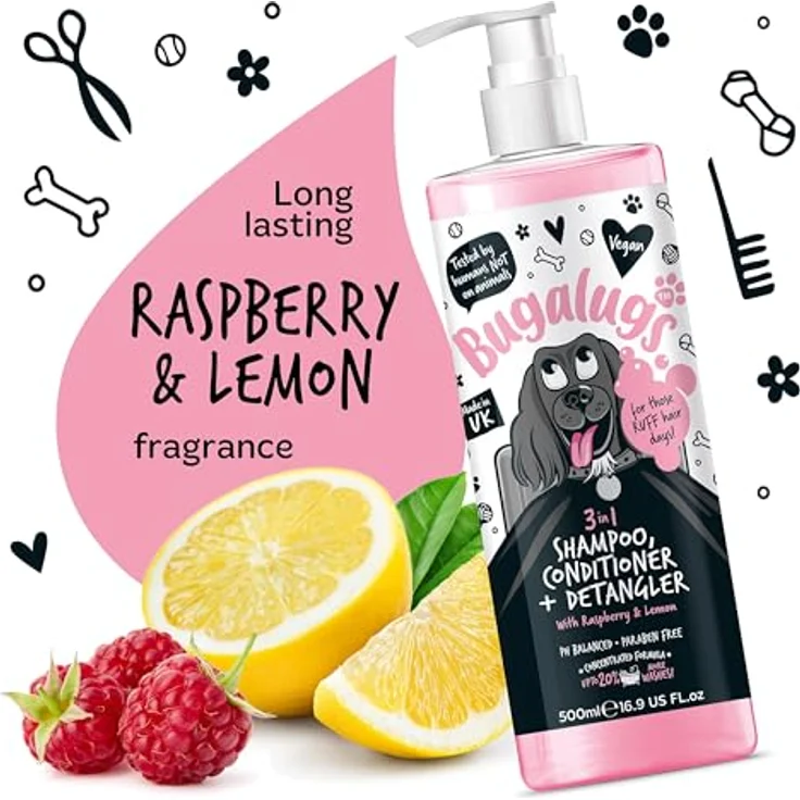 Bugalugs Hundeshampoo 3in1 mit Conditioner und Entwirrer, 500 ml, pH-neutral, vegan, mit Himbeer- und Zitronenduft, für alle Hunderassen – Bild 5