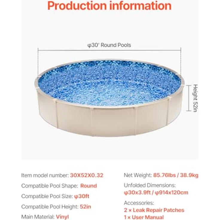 VEVOR Runde Poolfolie, Durchmesser 914x120 cm, verschleißfeste Vinylauskleidung für Aufstellbecken mit 132 cm Höhe – Bild 7