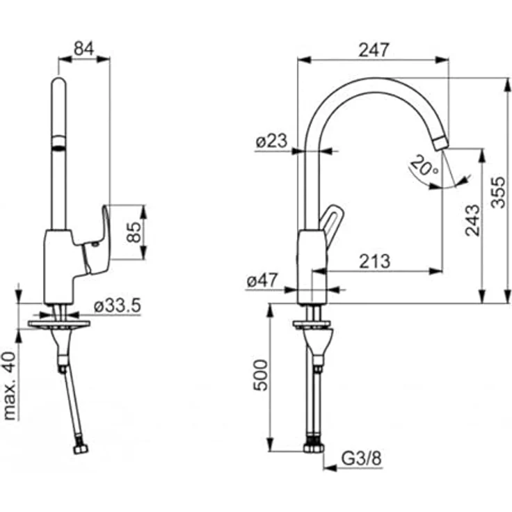 HANSA Hansapinto Spültisch-Einhand-Einlochbatterie, 213 mm Ausladung, 120° schwenkbar, 12 l/min Durchflussmenge – Bild 3