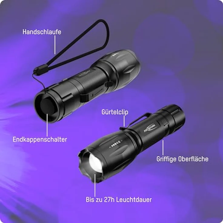 Ansmann ANSMANN Taschenlampe, UV-Lampe, LED-Leuchte, 400nm, stufenlos fokussierbar, 4 Lichtmodi, Schwarz – Bild 3