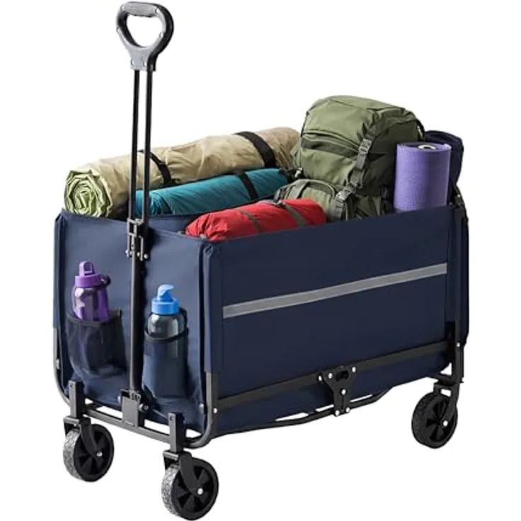 Relaxdays Bollerwagen, faltbar, 150 kg Traglast, Teleskopgriff, Regenplane, 120 l Volumen, blau