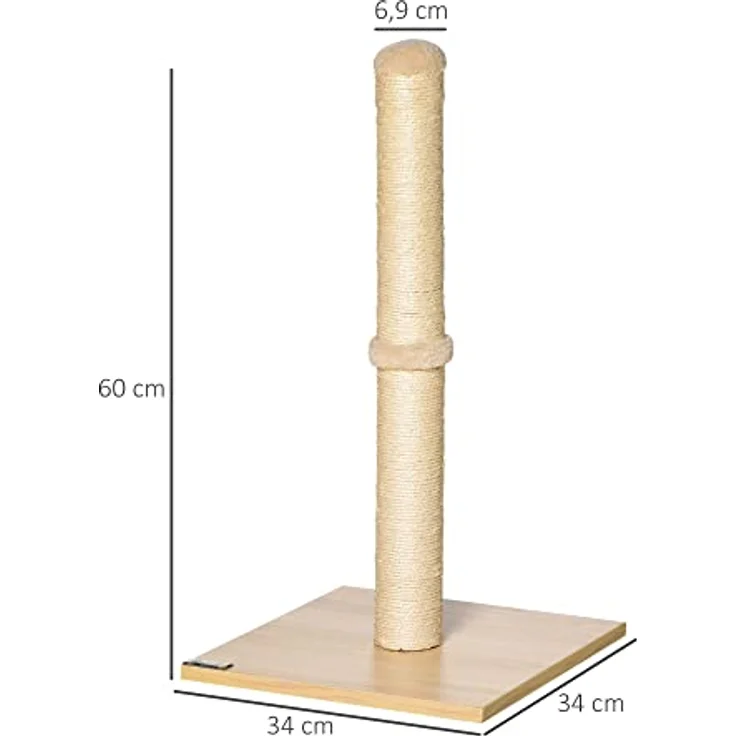 PawHut Kratzstamm für Katzen Kratzsäule aus Sisal Stabiler Kratzbaum Kratz Spielzeug Katze mit Ball 60 cm Spanplatte Sisal Beige+Eiche 34 x 34 x 60 cm – Bild 3