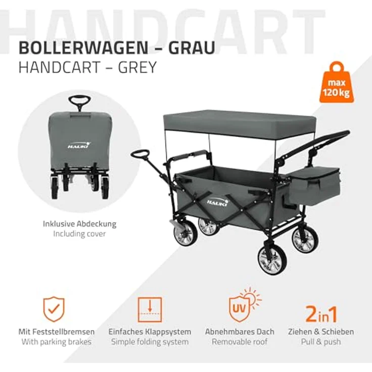 Hauki Bollerwagen XXL faltbar mit abnehmbarem Dach, grau, Kinder Transportwagen mit 360° drehbaren Vorderrädern und PU Rädern, Tragkraft 150 kg, inkl. Tasche und Getränkehalter – Bild 2