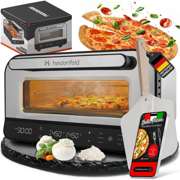 Heidenfeld Pizzaboss Pizzaofen, elektrischer Pizzaofen bis 450 °C mit Pizzastein, inkl. Pizzaschieber & Rezeptbuch, Silber