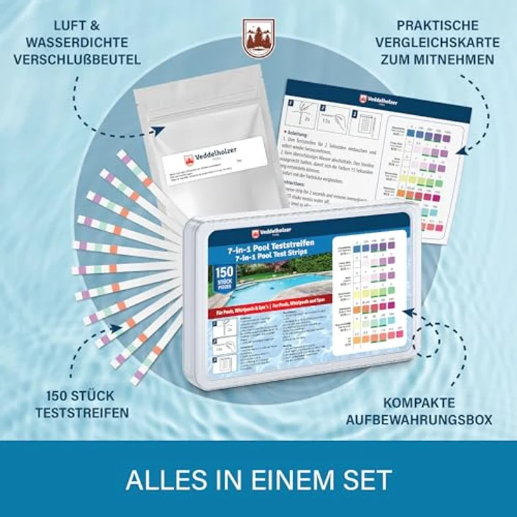 Veddelholzer 7-in-1 Pool Teststreifen, Wasseranalyse für pH-Wert, freies Chlor, Brom, Gesamthärte, Cyanursäure und Alkalinität, 150 Stück – Bild 5