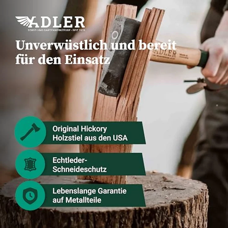 Adler Yankeebeil inkl. Lederschutz: Geschmiedetes Holzbeil aus C60-Stahl, Anti-Rutsch Griff, Survival Axt für Camping & Wandern, Braun/schwarz, 650 g – Bild 4