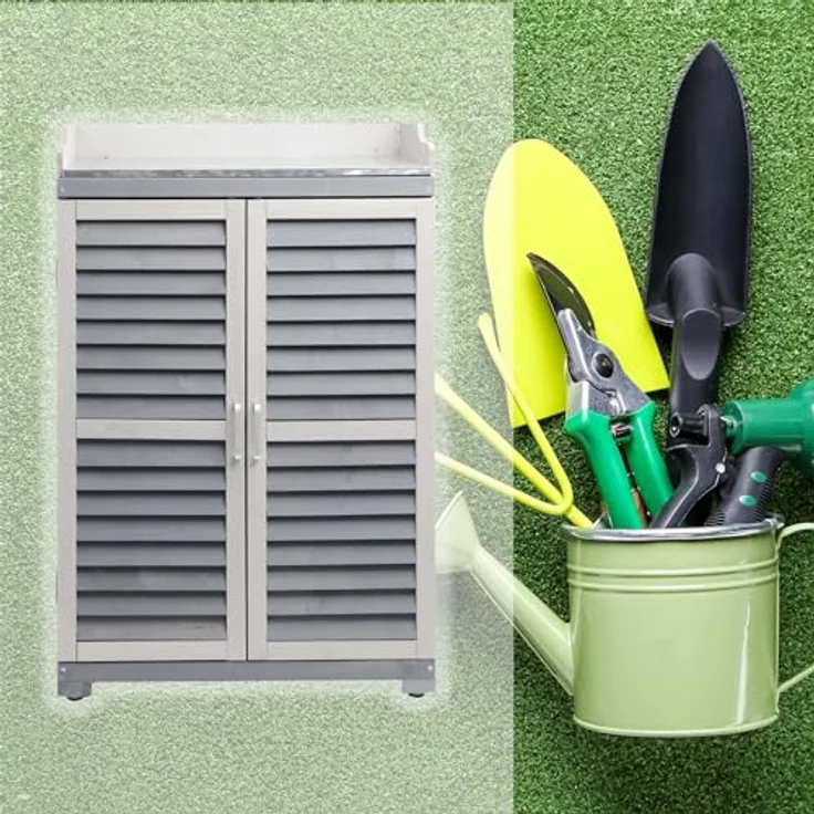 Wiltec Gartentisch mit Unterschrank und Arbeitsplatte, grau, Pflanztisch mit Schutzleisten für Gartenarbeiten, Holzschrank Werkzeugschrank Arbeitstisch für Garten – Bild 2