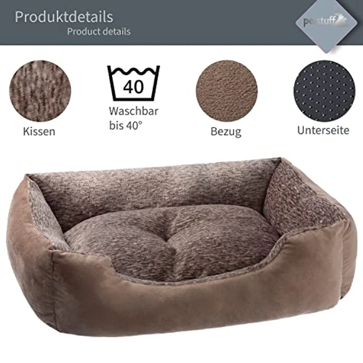 PETSTUFF Hundebett Kissen herausnehmbar waschbar, braun, M, weiche Füllung und rutschfeste Unterseite – Bild 5