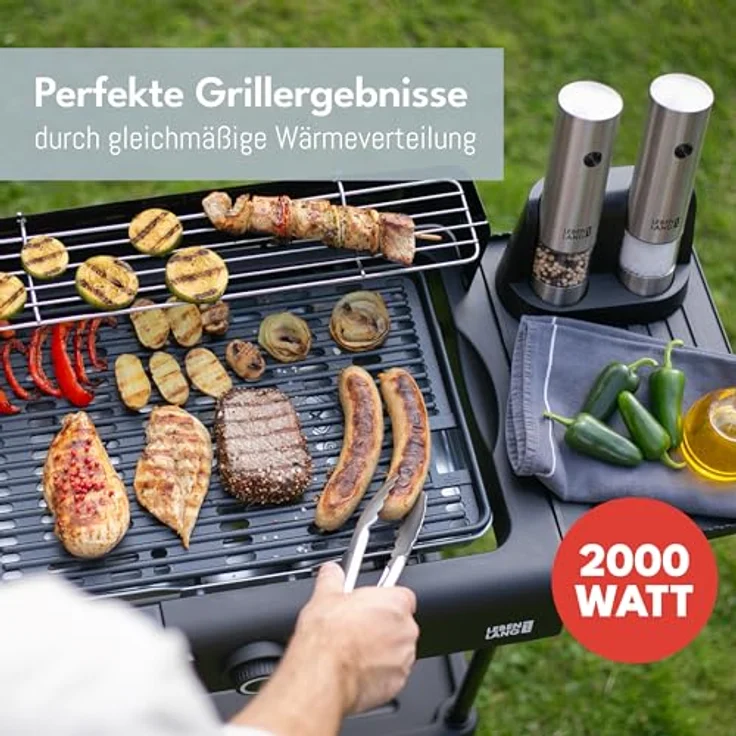 LEBENLANG 2in1 Elektrogrill Tischgrill elektrisch, 2000W mit Temperaturregler, inkl. Standfuß & Grillzange, für Balkon & Wohnung, antihaftbeschichtet, kompakt & mobil – Bild 2