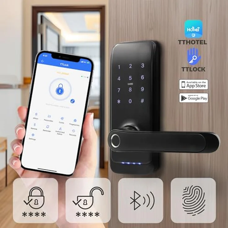 EURA ELH-01H4 Smartes Türschloss mit Griff, Codeschloss, biometrischem Leser, App TTLock/TTHotel, IP65, schwarz – Bild 5