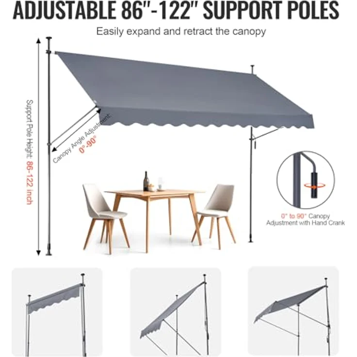 VEVOR Klemmmarkise 350 x 120 cm, Balkonmarkise mit Handkurbel, Sonnenmarkise, Höhenverstellbar von 218 bis 309 cm, Grau – Bild 4
