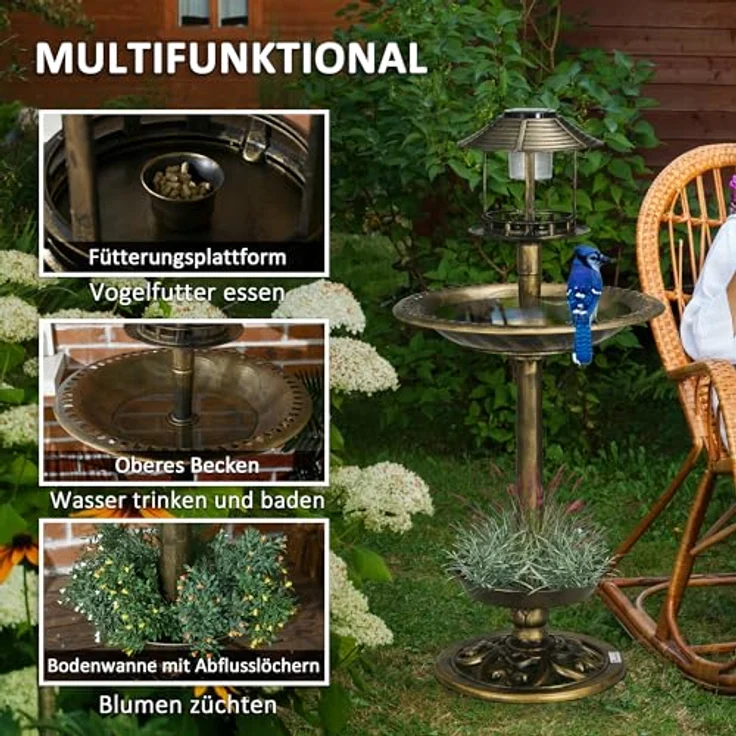 Outsunny Vogeltränke mit Solarleuchte, 110 cm Höhe Vogelbad, Vogelfutterspender, Vogelbecken mit Blumensockel, Wildvogeltränke für Garten, Balkon, Bronze – Bild 3