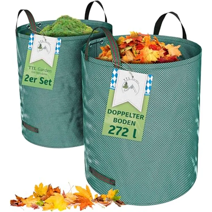 TTL GARDEN 2x 272L Gartensack - DOPPELTER BODEN, extra stabil & selbststehend, 4 Griffe, 150gsm, faltbar - 2er Set Laubsack für Gartenabfälle, robust und langlebig