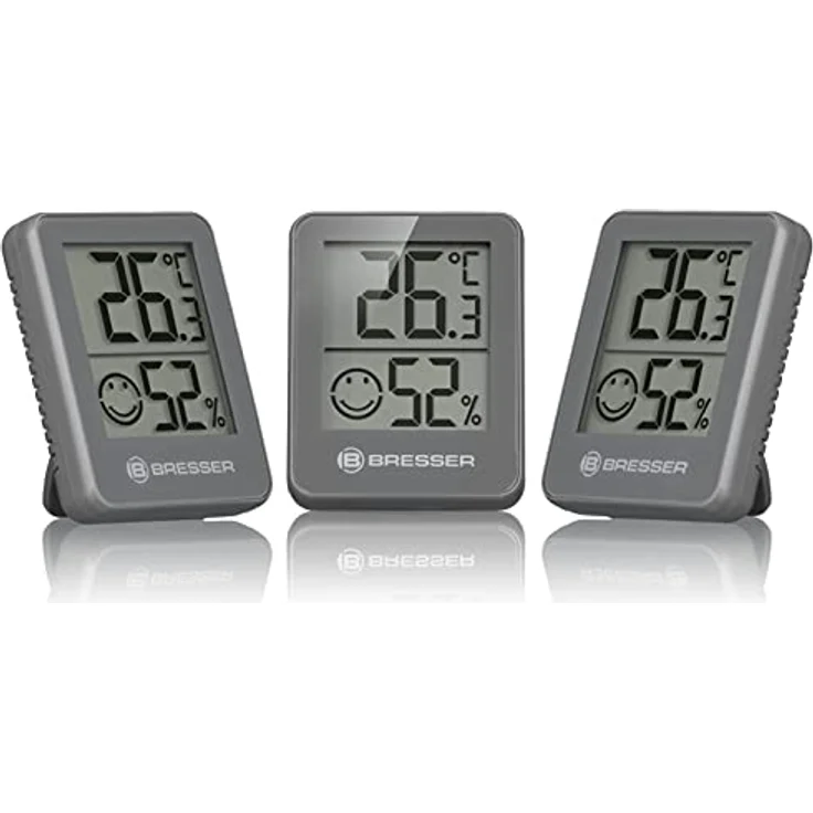 Bresser Thermometer Hygrometer Temeo Hygro Indicator 3er-Set zum Aufstellen oder zur Wandmontage mit Raumklima-Indikator, Grau - Preisvergleich – Bild 1