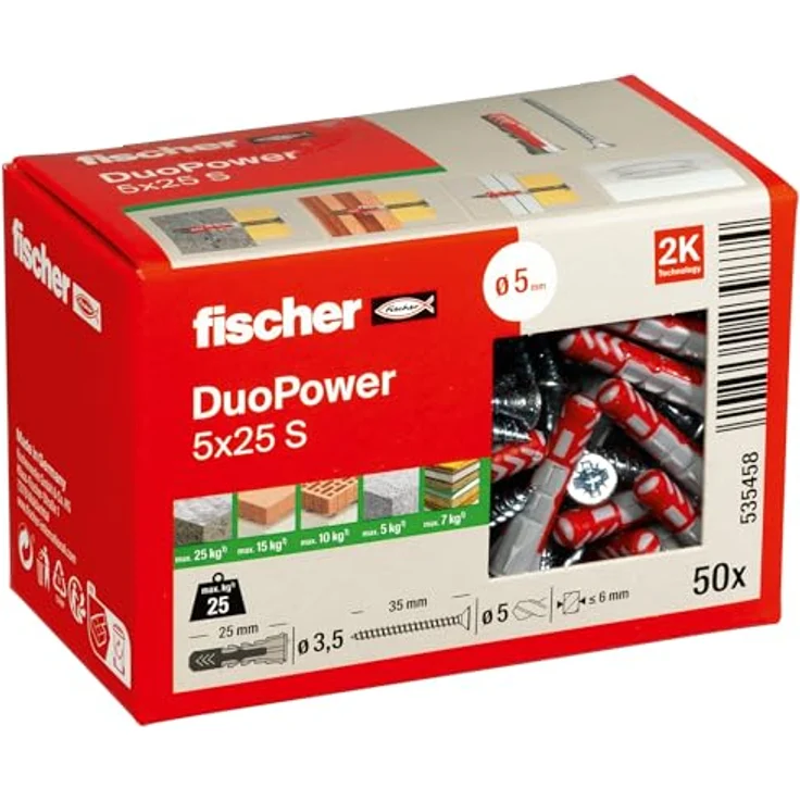 fischer DuoPower 5 x 25 S, Universaldübel mit Sicherheitsschraube, 2-Komponenten-Dübel für Beton, Ziegel, Stein, Gipskarton, 50 Dübel + 50 Schrauben – Bild 1
