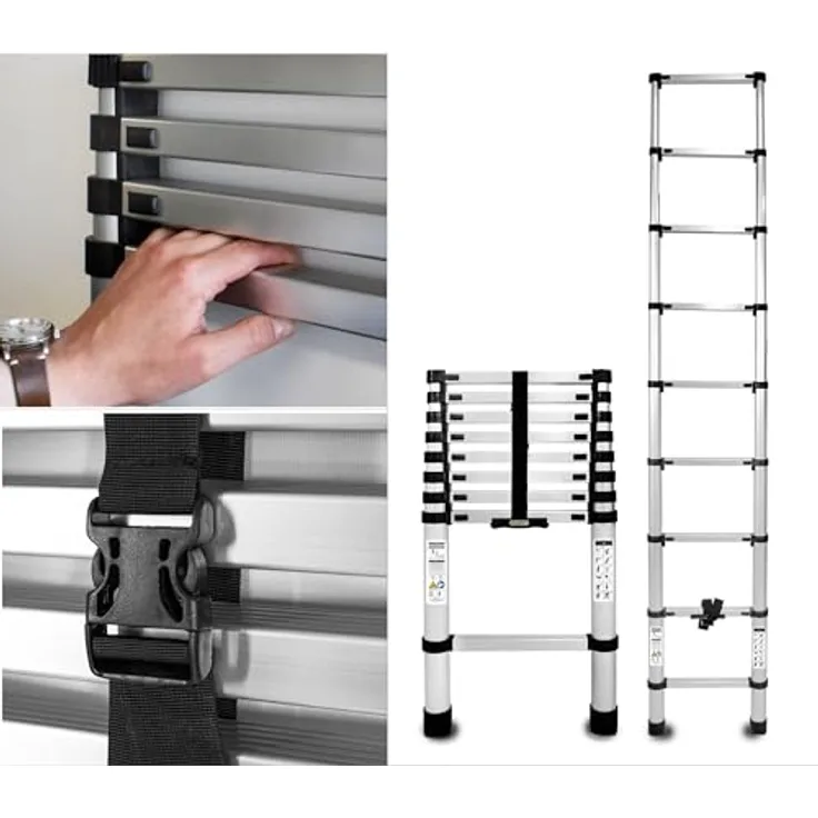 DRABEST Teleskopleiter - Ausziehbar - Klappbar - 9 Stufen - Arbeitshöhe 3,7m, Aluleiter - Mehrzweckleiter - Multifunktionsleiter, Rutschfest - Tragbar - Aluminium, Robust & Sicher - Silber