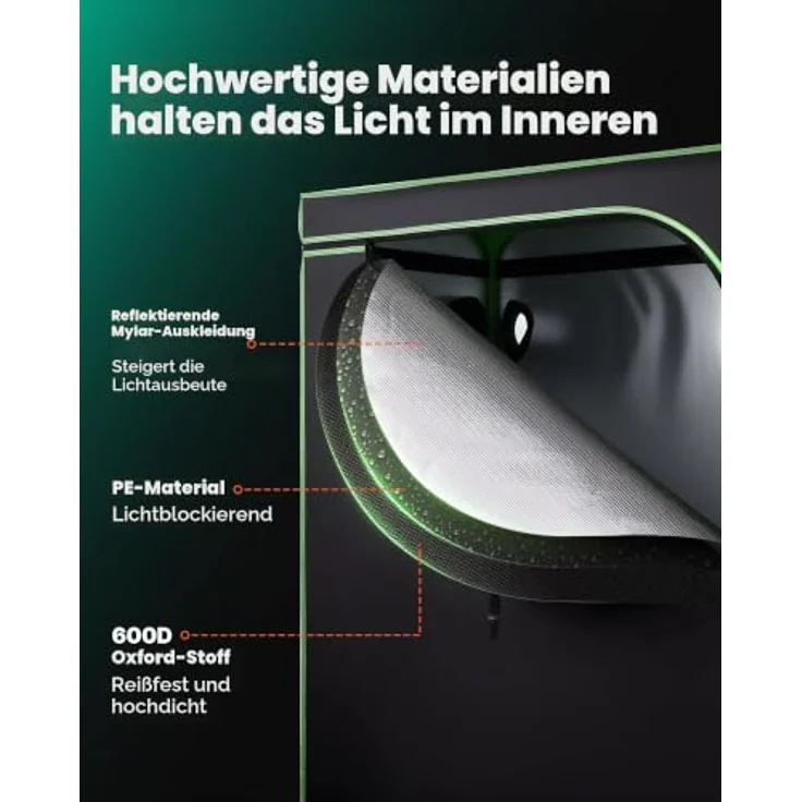 VEVOR Growzelt HX12060180, 120x60x180 cm Indoor-Pflanzenzelt aus 600D hochreflektierendem Mylar mit Beobachtungsfenster und Bodenwanne, für Obst, Blumen & Gemüse, Schwarz + Grün – Bild 3