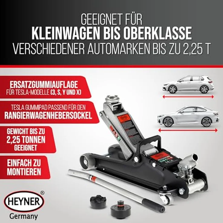 HEYNER® UltraLowLift PRO Rangierwagenheber Bundle mit Ersatzgummiauflage für Tesla Model 3 S Y X, 2,25t Kapazität, extra flach, variable Hubhöhe 85-380mm, robuste Qualität – Bild 2