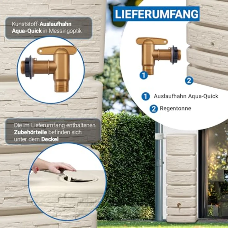 4rain Slim Wandtank sandbeige - Regentonne mit 350 Liter Volumen, Steinoptik, UV-stabil und 5 Gewindeanschlüssen – Bild 5