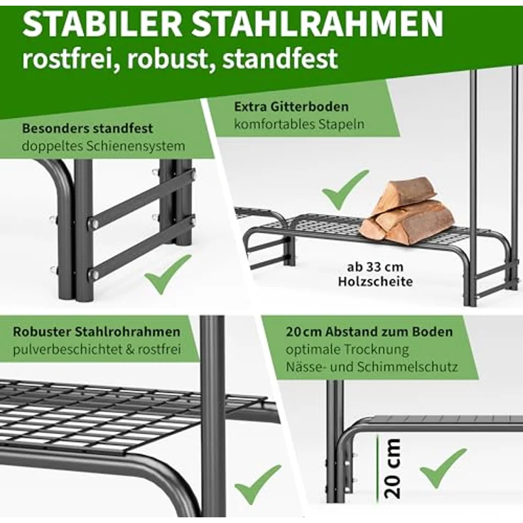 TTL GARDEN Kaminholzregal M, 200x36x116cm schwarz mit wetterfester Abdeckung, Metall Stahlrohrrahmen, für innen und außen, bis 400kg Holz, Gitterboden, rostfrei – Bild 3