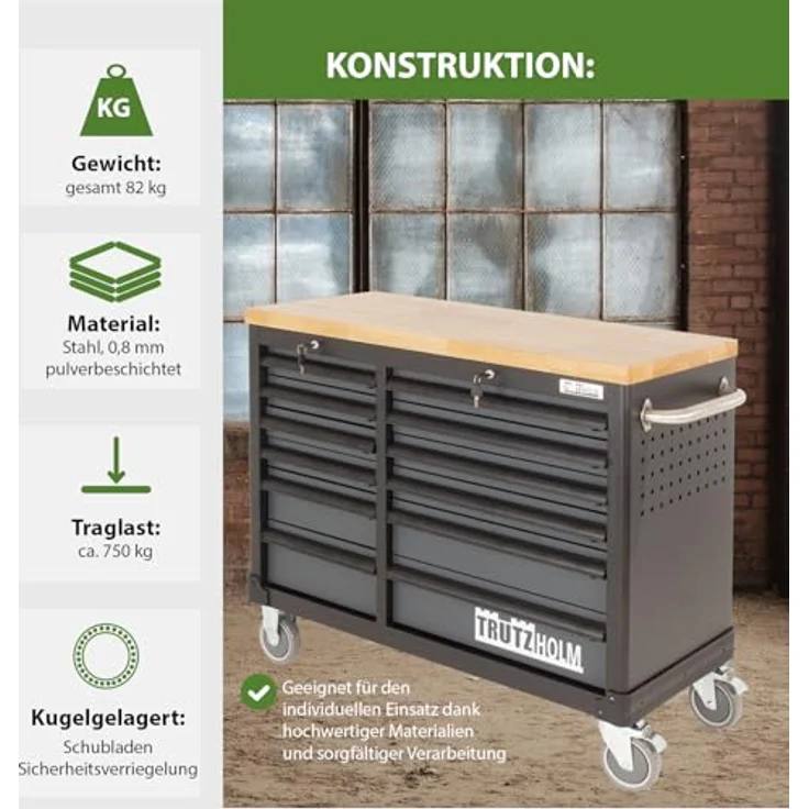 TRUTZHOLM Werkstattwagen Werkstattwagen DELUXE 12 Schubladen unbestückt mit massiver Arbeitspla, Profi Schubladenauszüge bis 40kg Tragkraft – Bild 3