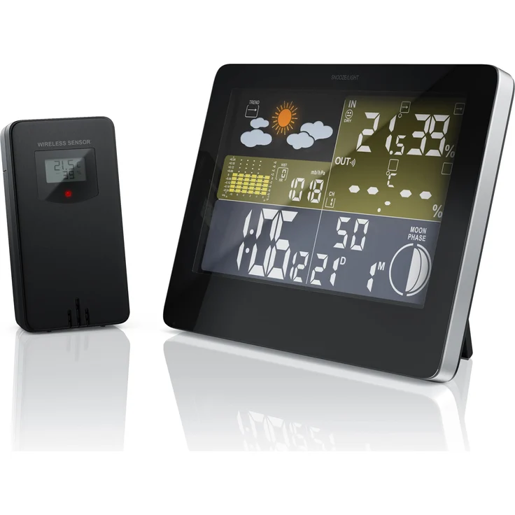 Bearware Funk Wetterstation mit Farbdisplay, DCF-Signal, Innen- und Außentemperatur, Schwarz