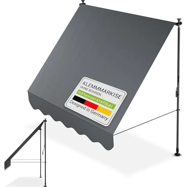 Juskys Klemmmarkise Kapstadt 200x120 cm - Höhenverstellbar & UV-beständig - Balkon & Terrasse - Wetterfest & Sichtschutz - Terrassenüberdachung Grau