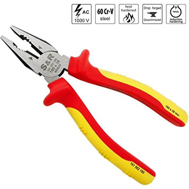 S&R VDE-Kombizange 180 mm, Universalzange 1000V, 60CrV Stahl HRC 58-65, phosphatiert, isolierte 2-Komponenten-Griffe, VDE-geprüft – Bild 5