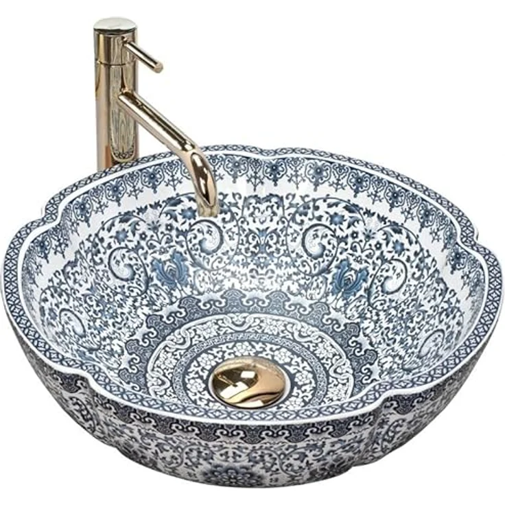 Rea Aufsatzwaschbecken Vivien, Waschtisch Handwaschbecken Spülbecken Waschschale Waschbecken für Badezimmer aus hochwertiger Keramik 425 x 425 x 150 mm (weiß/blau) – Bild 1