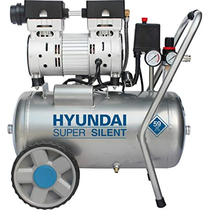 HYUNDAI Silent Kompressor SAC55752 (Druckluftkompressor, ÖLFREI, Flüsterkompressor mit 59 dB(A), 24 l Druckbehälter, 8 bar, 0.75 kW (1.0 PS), Öl-/Wasserabscheider, Ansaugleistung 125 L/Min)