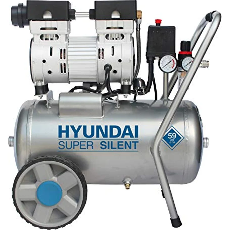 HYUNDAI Silent Kompressor SAC55752 (Druckluftkompressor, ÖLFREI, Flüsterkompressor mit 59 dB(A), 24 l Druckbehälter, 8 bar, 0.75 kW (1.0 PS), Öl-/Wasserabscheider, Ansaugleistung 125 L/Min) – Bild 1