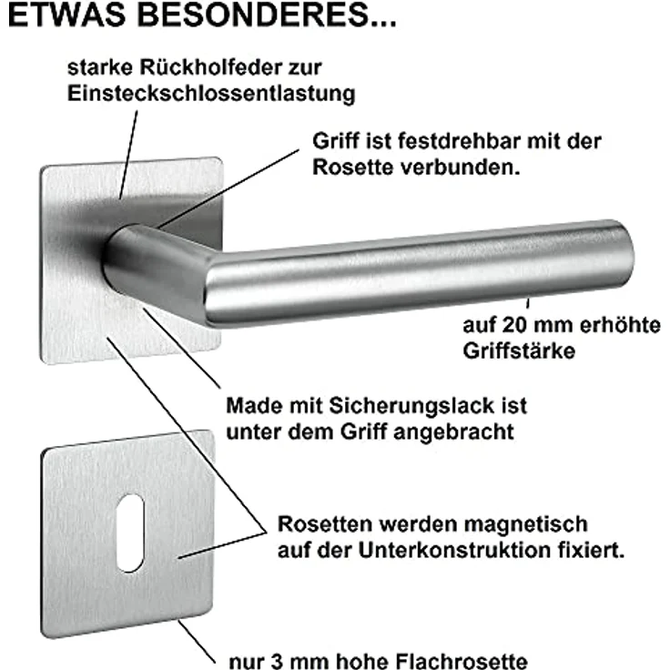 ck-türbeschläge Drückergarnitur New Orleans Q, 3 mm Magnet-Flachrosette, V2A Edelstahl matt, festdrehbare Lagerung, BB (Buntbart) – Bild 2