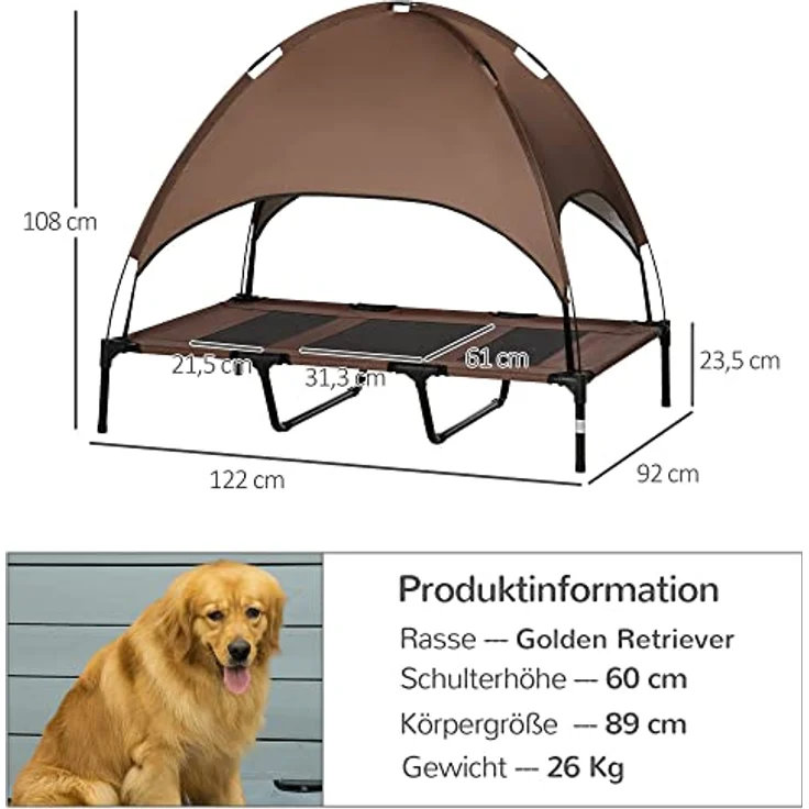 Pawhut Haustierbett mit Baldachin, Erhöhtes Hundebett, Hundeliege Outdoor mit Dach, Atmungsaktiv, Taftstoff Kaffee 122 x 92 x 108 cm – Bild 3