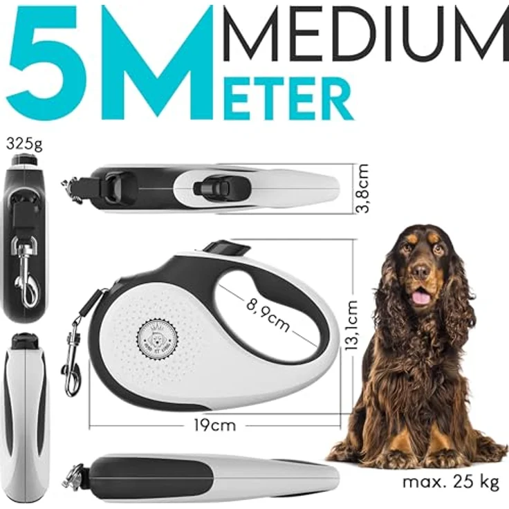 HUND IST KÖNIG Rollleine Hundeleine 5m für kleine & große Hunde | Ausziehbare Hundeleine mit bremsbarem Gurt | Ergonomischer Griff | Weiß/Schwarz – Bild 2