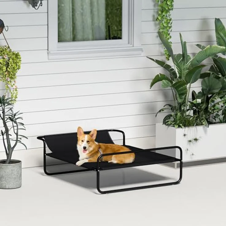 PawHut Hundeliege Outdoor, Erhöhtes Hundebett mit atmungsaktivem Mesh-Bezug, Schwarz für kleine und mittelgroße Hunde 91 x 69 x 29 cm – Bild 2