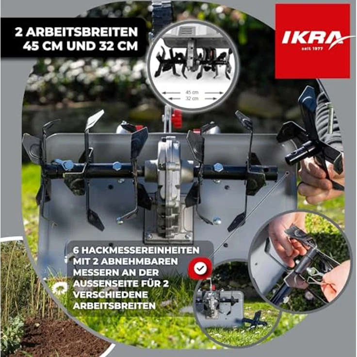 ikra GmbH Elektromotorhacke IEM 1500, 1500 Watt Motor, flexible Arbeitsbreite 32-45 cm, 45 cm Arbeitsbreite, 24 gehärtete Messer – Bild 2