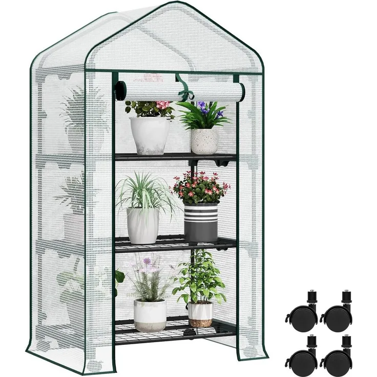 Woltu Tomatengewächshaus, BxTxH: 70 x 50 x 130,00 cm, Gewächshaus mit Rollen, Winterschutz, Spitzdach, Weiß