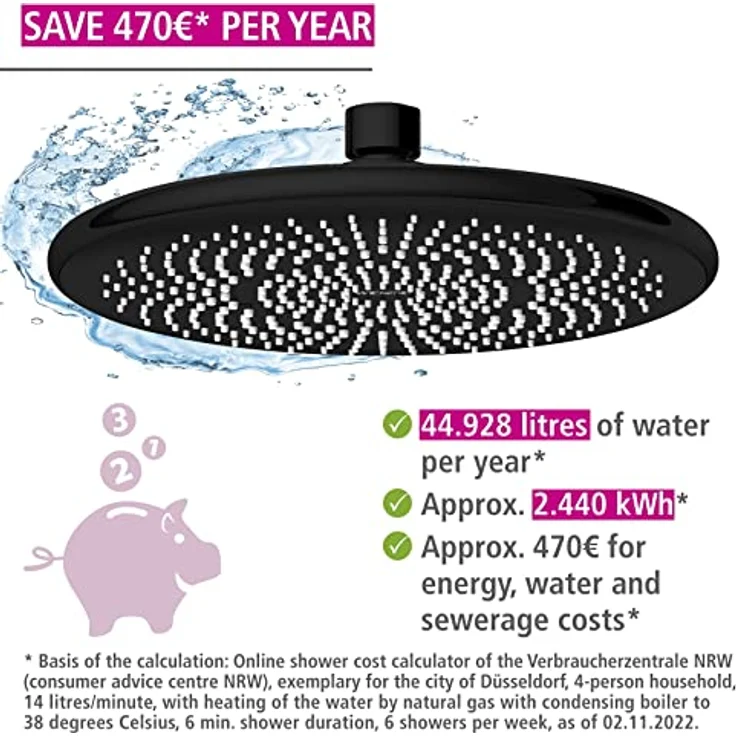 WENKO Regenduschkopf Watersaving, Ø 22,5 cm, mit Kugelgelenk und Noppen, schwarz – Bild 3