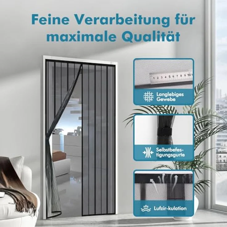 Sekey Magnet Fliegengitter Balkontür, Insektenschutz Vorhang mit Geräuschdämpfung, ohne Bohren, 100x225cm, Schwarz – Bild 3
