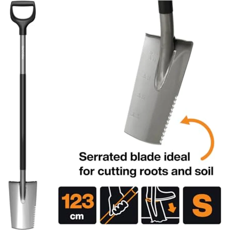 Fiskars Schmaler Spaten 250x153mm, 1230mm mit Sägezahnkante und D-Griff, robust und langlebig – Bild 2