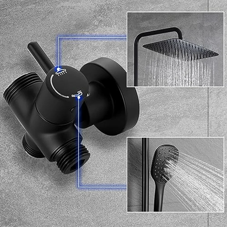 JOHO Edelstahl Duschsystem mit XXL Regendusche 35x25cm, höhenverstellbar, schwarz – Bild 4