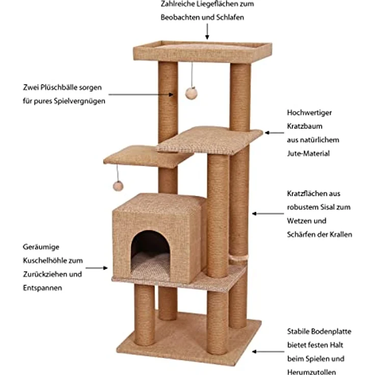 Dehner Kratzbaum Nele, Jute, beige, Kletterbaum auf fünf Ebenen mit integriertem Katzenspielzeug – Bild 2