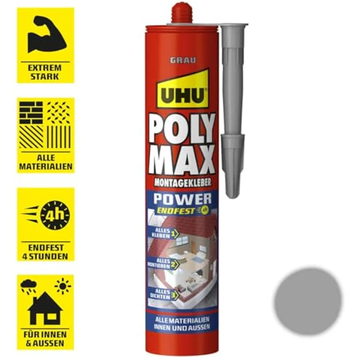 UHU Poly Max Montagekleber Power, universeller Dichtkleber in Grau, 425 g Kartusche, wasserfest und witterungsbeständig – Bild 2
