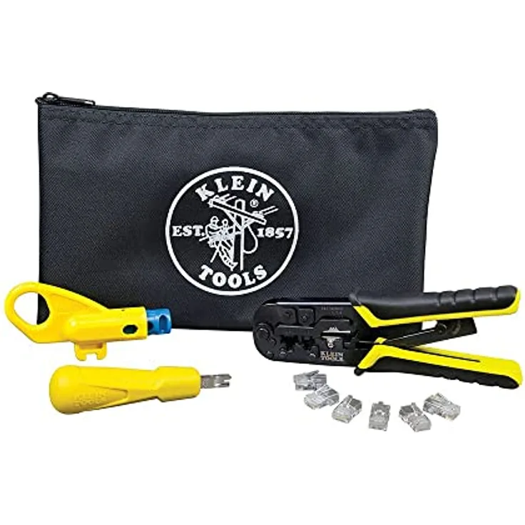 Klein Tools VDV026-212 Koaxial-Einbauset mit Crimpwerkzeug, Kabelschneider, Abisolierzange und F-Steckern mit Aufbewahrungstasche
