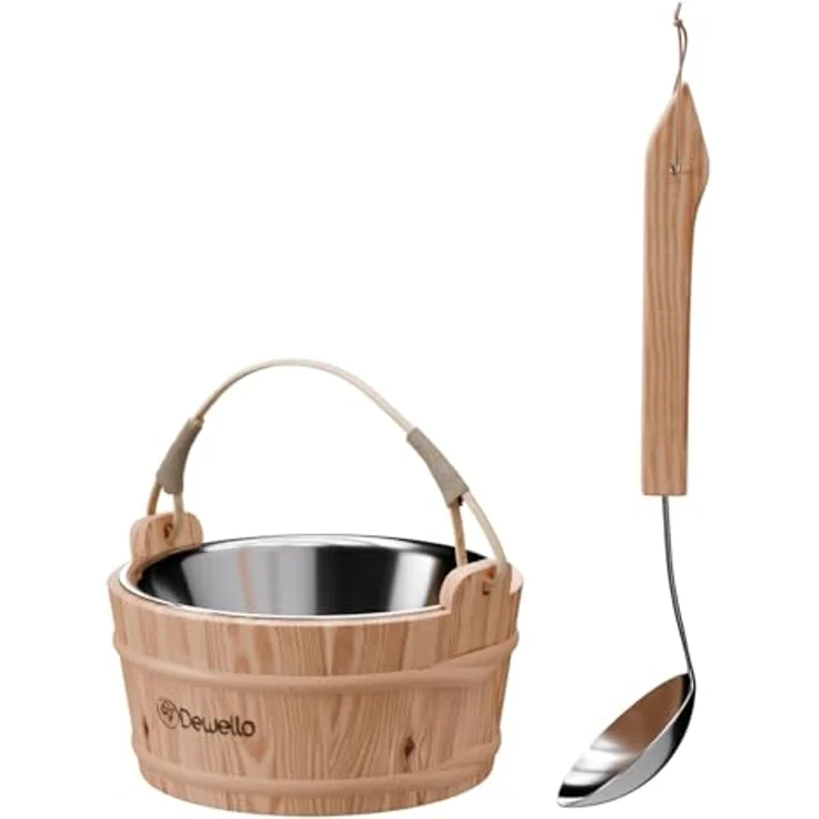Dewello® Saunaeimer Set mit Kelle, 3 Liter fasst, Hemlock-Holz mit Bambusstreben, Hygienischer Edelstahleinsatz, robust und langlebig – Bild 2
