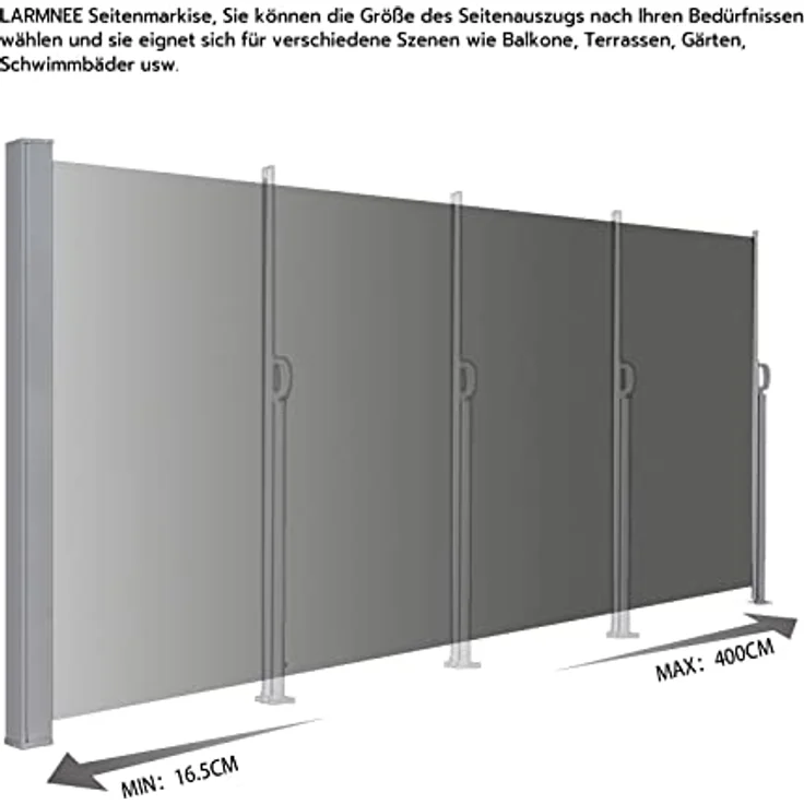 LARMNEE Seitenmarkise Dunkelgrau, ausziehbar 180 x 400 cm, rostbeständig, Wind- und Sonnenschutz, blickdicht, für Balkon, Terrasse und Garten – Bild 3