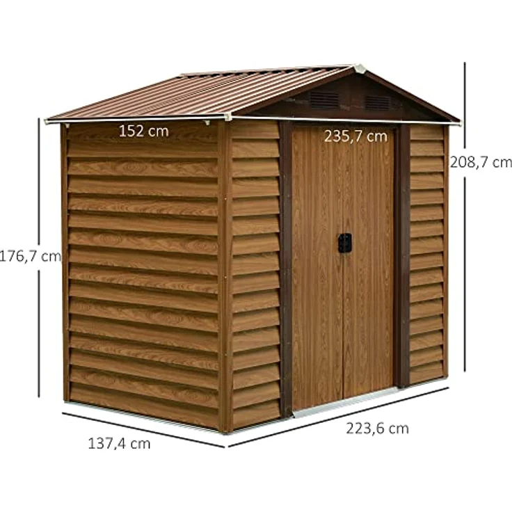 Outsunny Gartenschuppen Geräteschuppen Gerätehaus Gartenhaus mit Fenster, Schiebetüren, wetterfest Gartenhütte mit Holzoptik Stahl Braun 152 x 235,7 x 208,7 cm – Bild 3