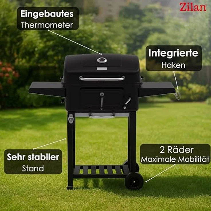 Zilan Holzkohlegrill XXL, Standgrill mit Deckel, höhenverstellbarer Kohlewanne, Thermometer, 54x42,5 cm Grillfläche, Schwarz/Chrom, inkl. Aschebehälter und Ablageflächen – Bild 5