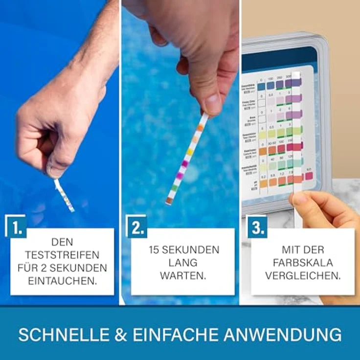 Veddelholzer 7-in-1 Pool Teststreifen, Wasseranalyse für pH-Wert, freies Chlor, Brom, Gesamthärte, Cyanursäure und Alkalinität, 150 Stück – Bild 3