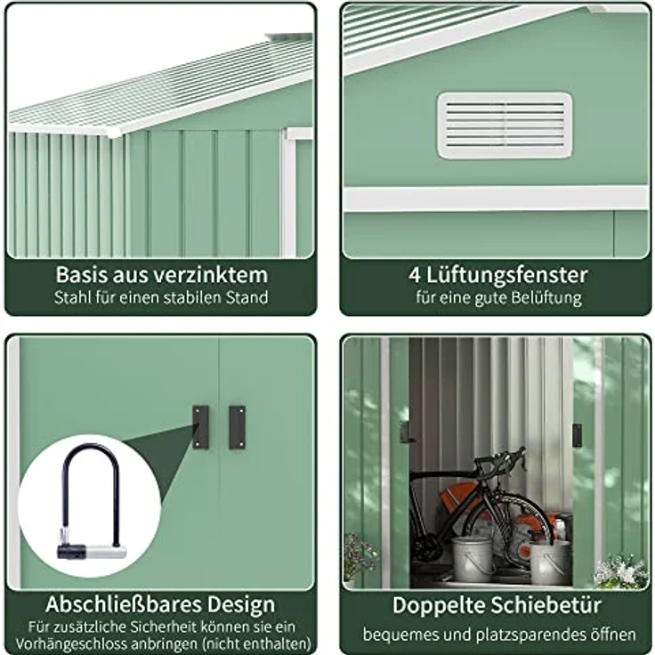Outsunny Gerätehaus Geräteschuppen Gartenhaus Garten Schuppen mit Bodenrahmen und Schiebetüren wetterfest Stahl Hellgrün 213 x 130 x 185 cm – Bild 5